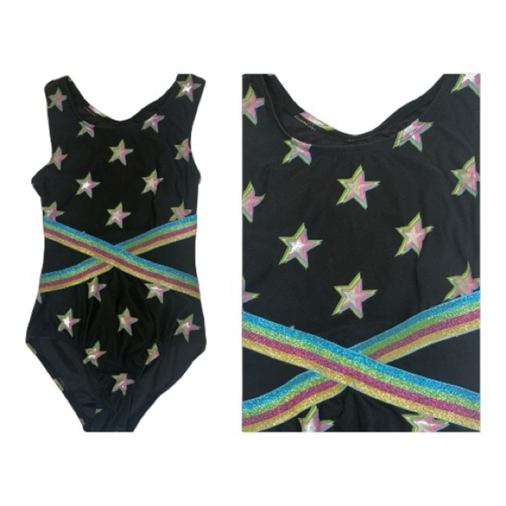 More Than Magic Black Bodysuit Leopard Gymnastics Dance Colorful Stars Stripes